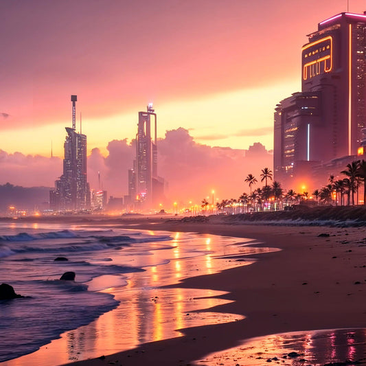 Video Backgrounds - Future Neon City Beach Waves 3 - 4k Video + Image Sequence - DAZ Studio - Dreamlight 3D Store