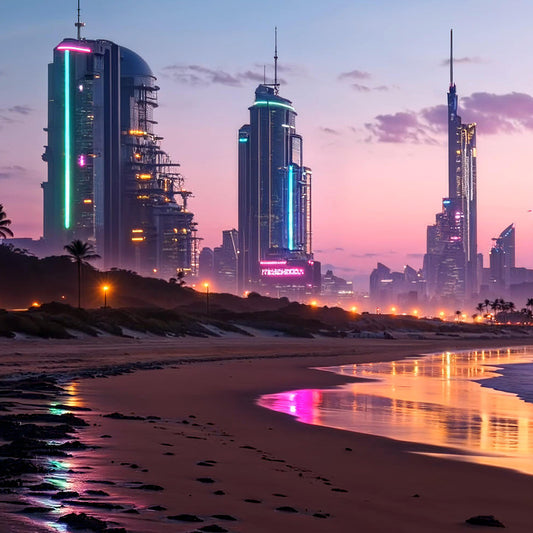 Video Backgrounds - Future Neon City Beach Waves 1 - 4k Video + Image Sequence - DAZ Studio - Dreamlight 3D Store