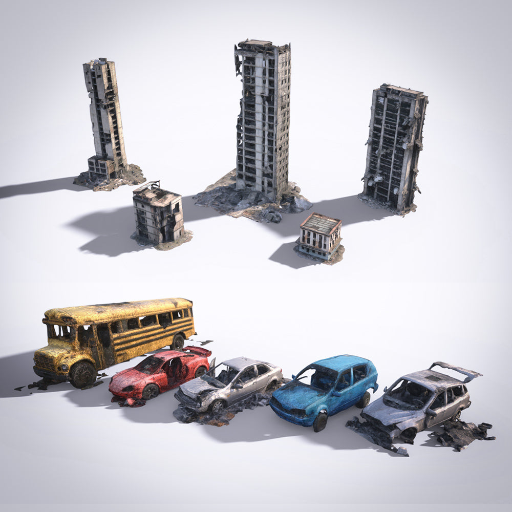 10 Post Apocalyptic Car Wrecks And Building Ruins - Background Props - DAZ Studio