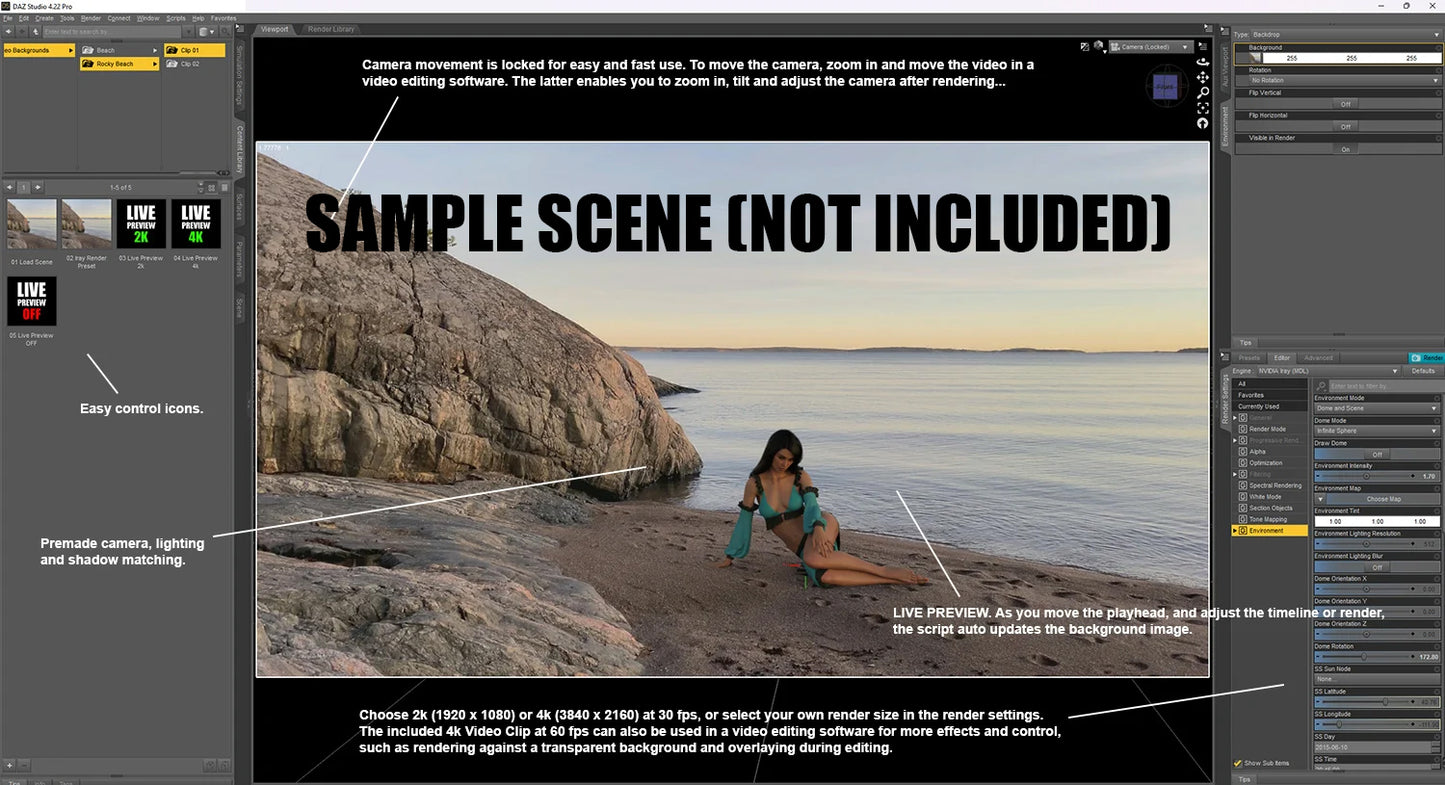 Video Backgrounds - Rocky Beach 03 - DAZ Studio Live Preview