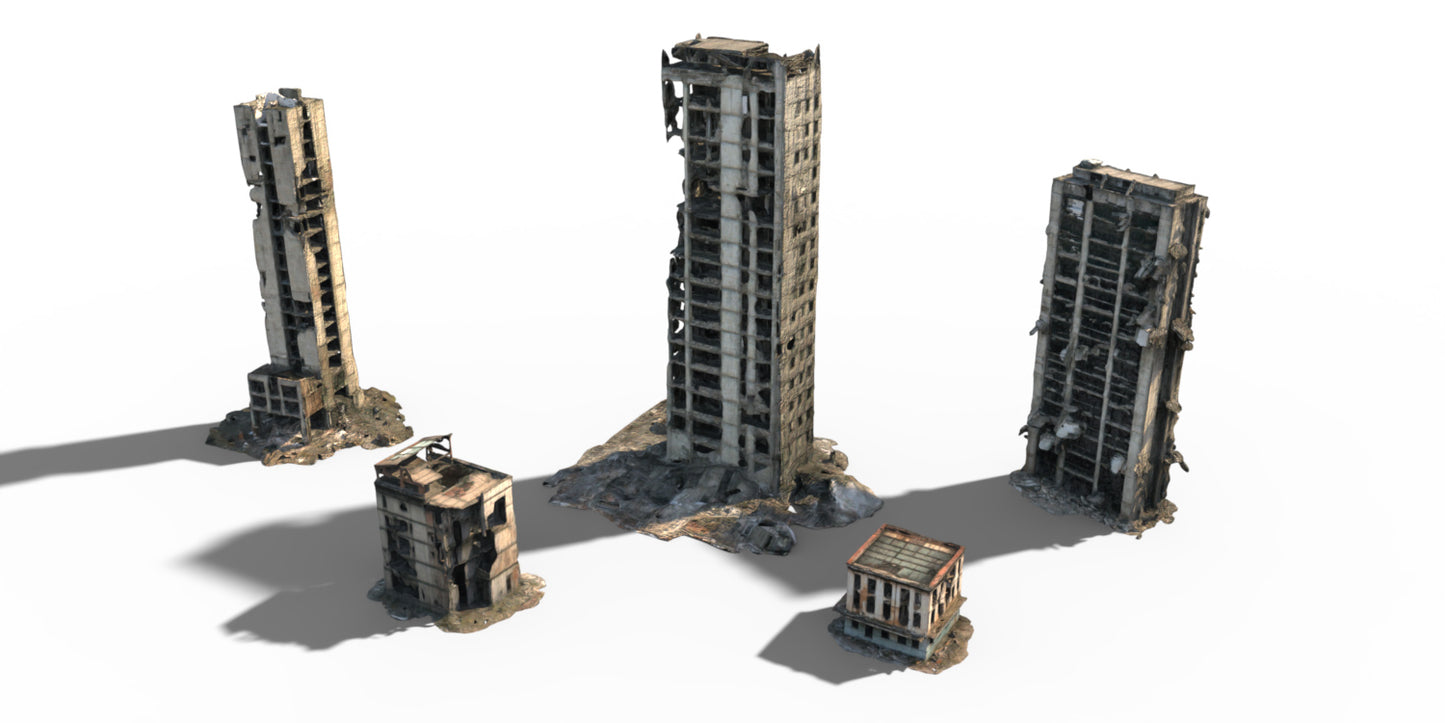 10 Post Apocalyptic Car Wrecks And Building Ruins - Background Props - DAZ Studio