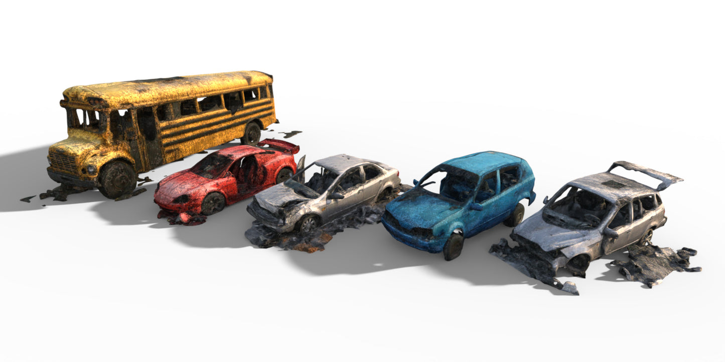10 Post Apocalyptic Car Wrecks And Building Ruins - Background Props - DAZ Studio